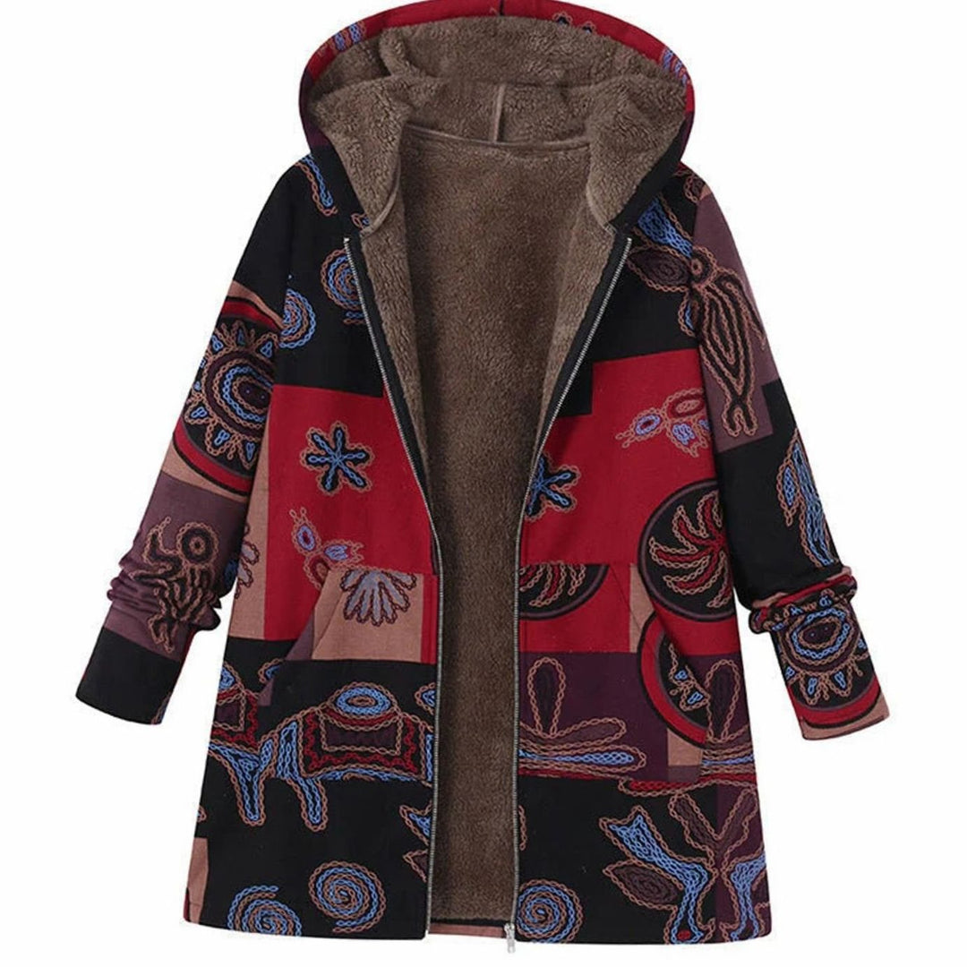 Women's Fleece-Lined Hooded Floral Coat Long Winter Jacket - Brown