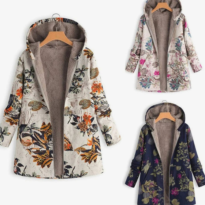 Women's Fleece-Lined Hooded Floral Coat Long Winter Jacket