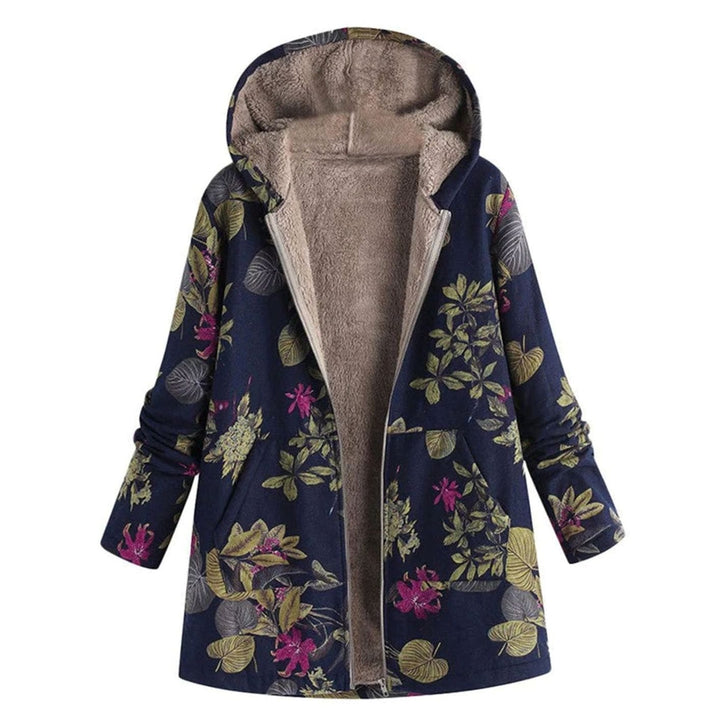 Women's Fleece-Lined Hooded Floral Coat Long Winter Jacket - Blue