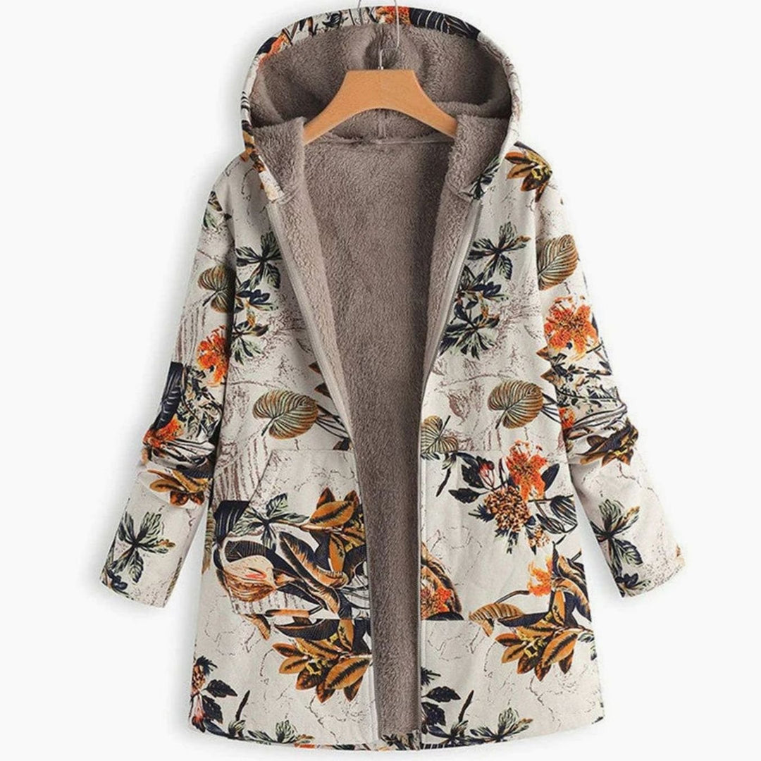 Women's Fleece-Lined Hooded Floral Coat Long Winter Jacket - Beige