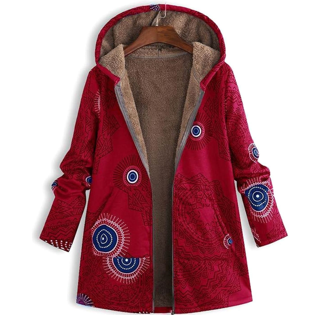 Women's Fleece-Lined Hooded Floral Coat Long Winter Jacket - Red