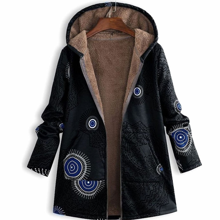 Women's Fleece-Lined Hooded Floral Coat Long Winter Jacket - Black