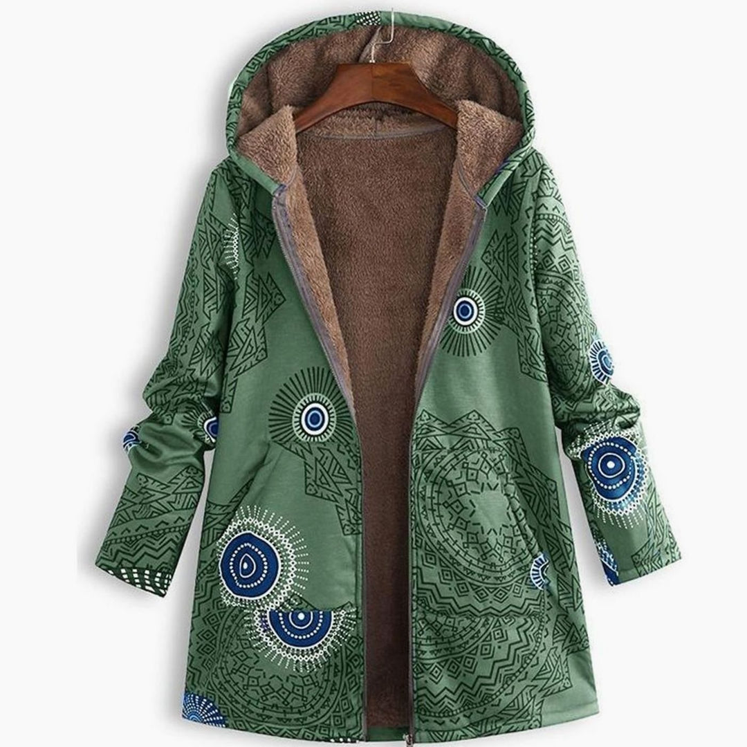 Women's Fleece-Lined Hooded Floral Coat Long Winter Jacket - Green