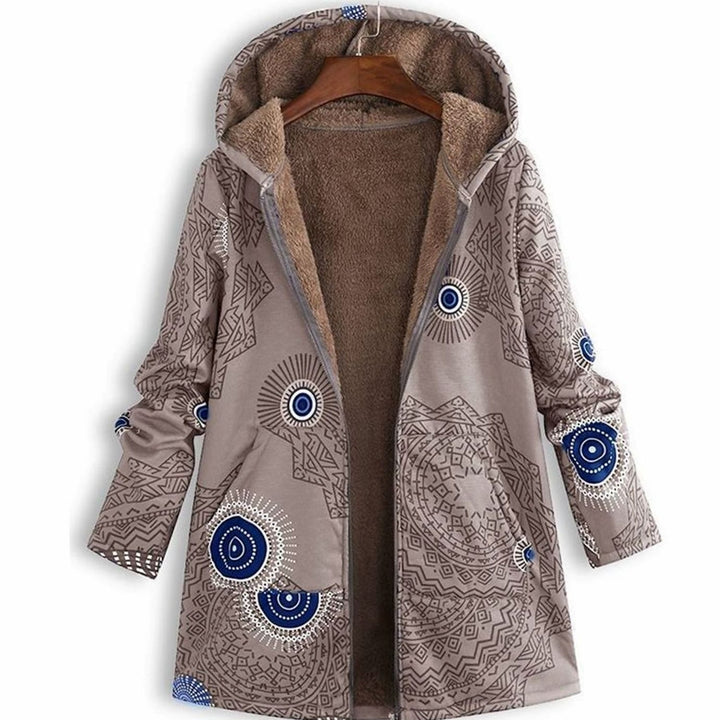 Women's Fleece-Lined Hooded Floral Coat Long Winter Jacket - Grey