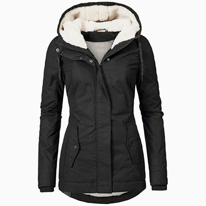 Women's Fleece-Lined Hooded Parka Coat Drawstring Curved Hem - Black