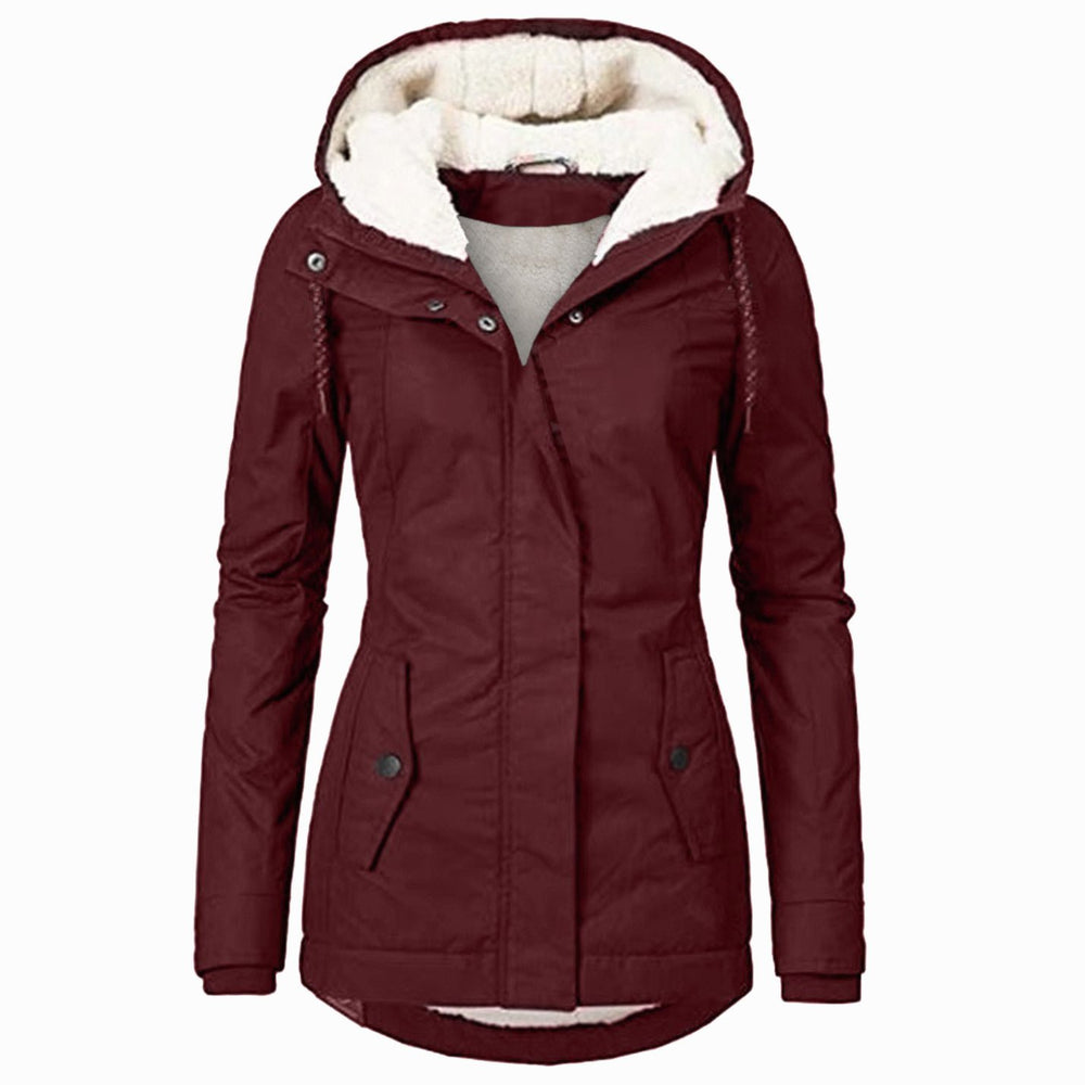 Women's Fleece-Lined Hooded Parka Coat Drawstring Curved Hem - Burgundy