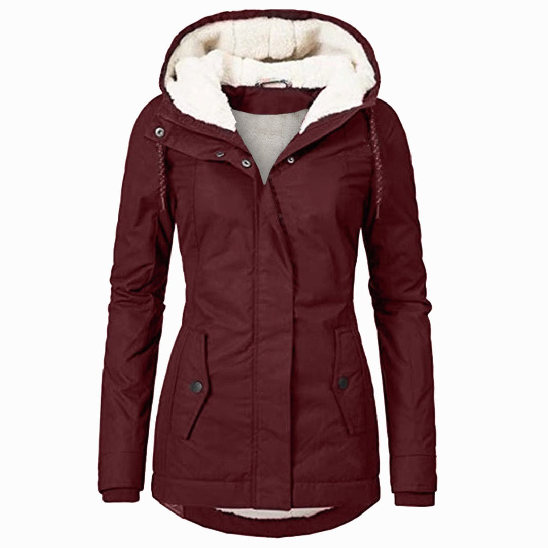Women's Fleece-Lined Hooded Parka Coat Drawstring Curved Hem - Burgundy