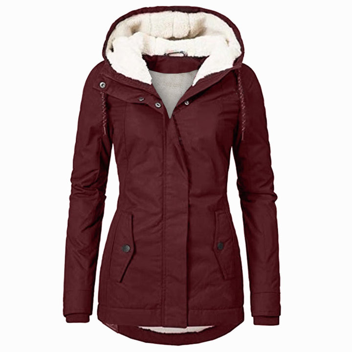 Women's Fleece-Lined Hooded Parka Coat Drawstring Curved Hem - Burgundy