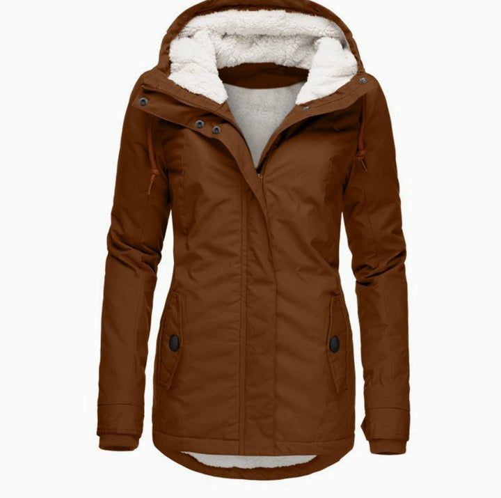 Women's Fleece-Lined Hooded Parka Coat Drawstring Curved Hem - Brown