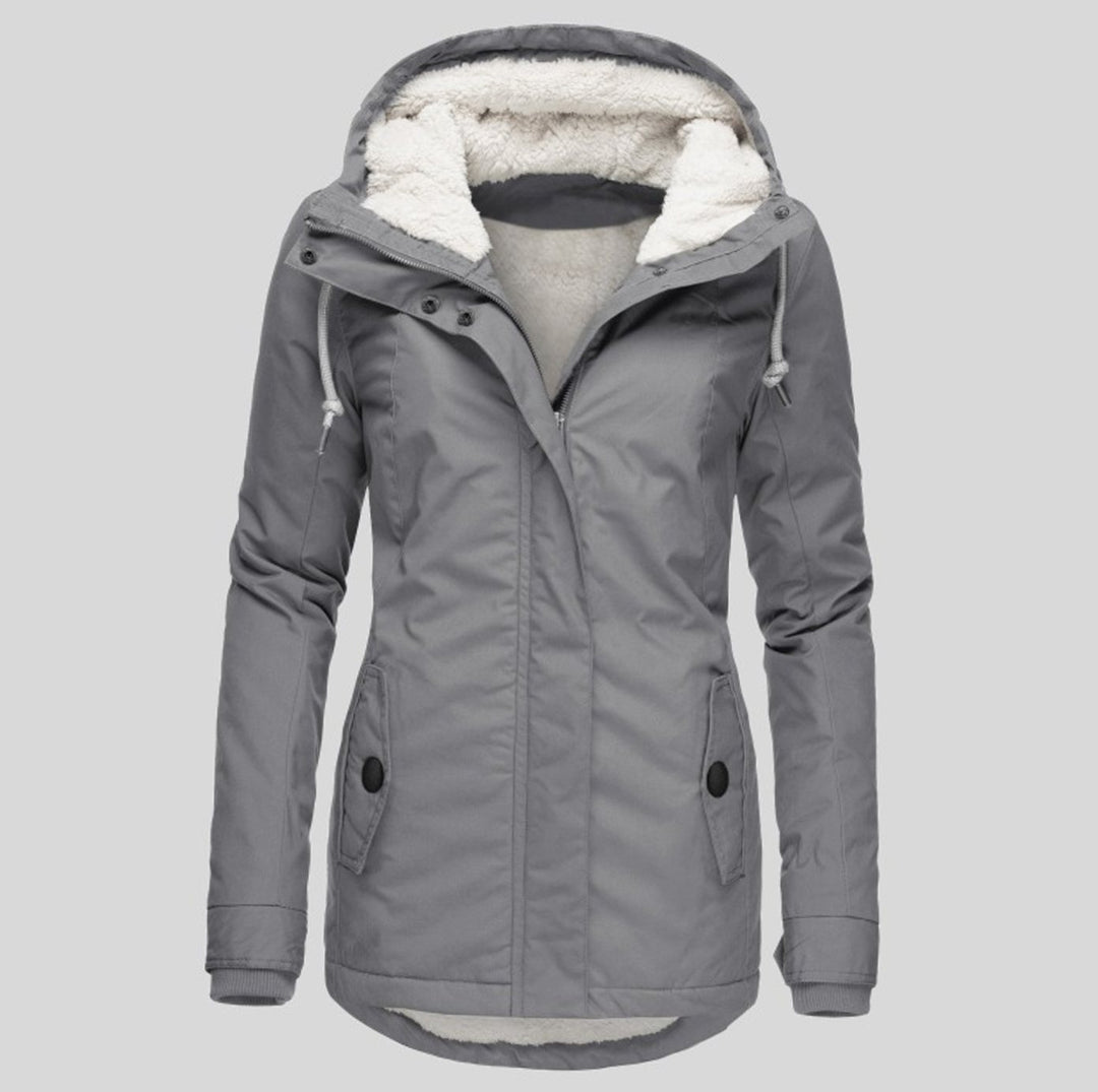 Women's Fleece-Lined Hooded Parka Coat Drawstring Curved Hem - Gray