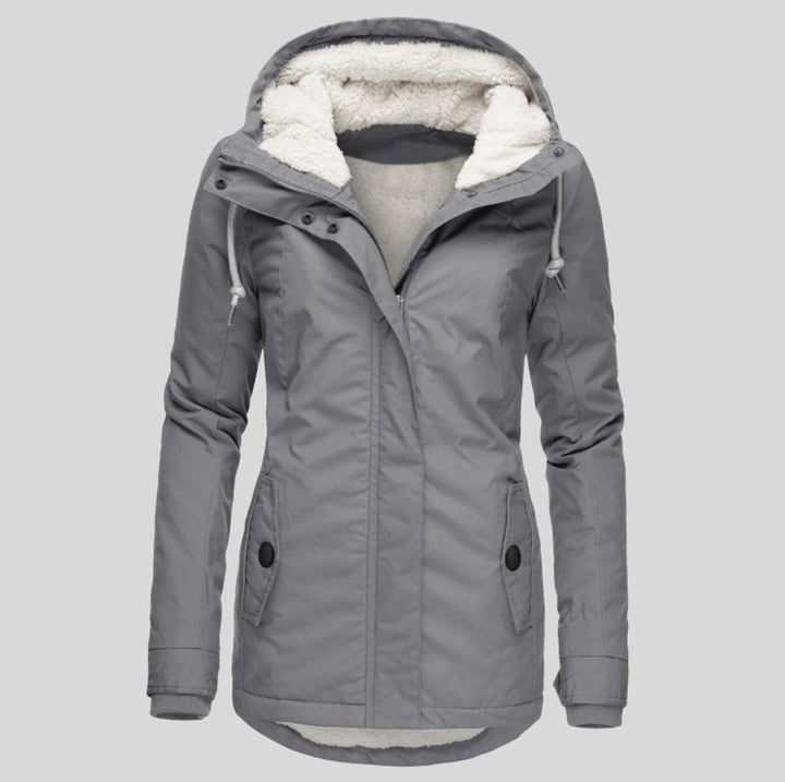 Women's Fleece-Lined Hooded Parka Coat Drawstring Curved Hem - Gray