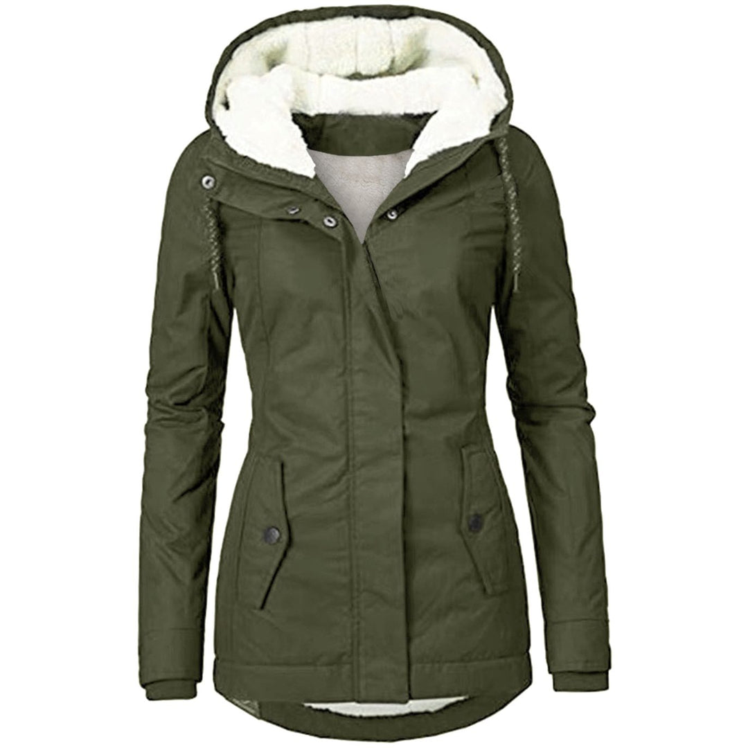 Women's Fleece-Lined Hooded Parka Coat Drawstring Curved Hem - Army Green