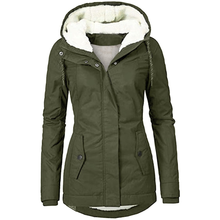 Women's Fleece-Lined Hooded Parka Coat Drawstring Curved Hem - Army Green