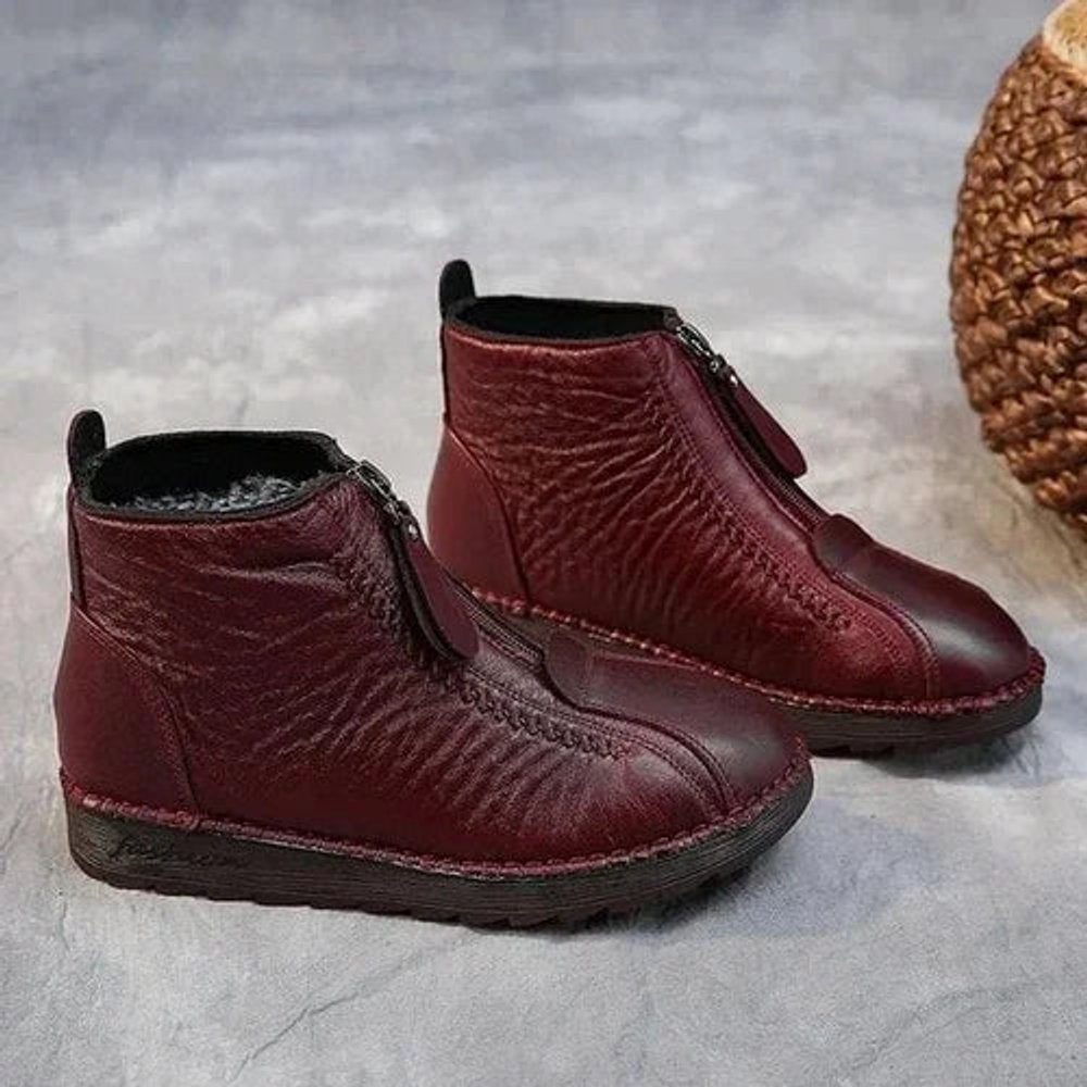 Women's Fleece-Lined Non-Slip Leather Ankle Boots - Red