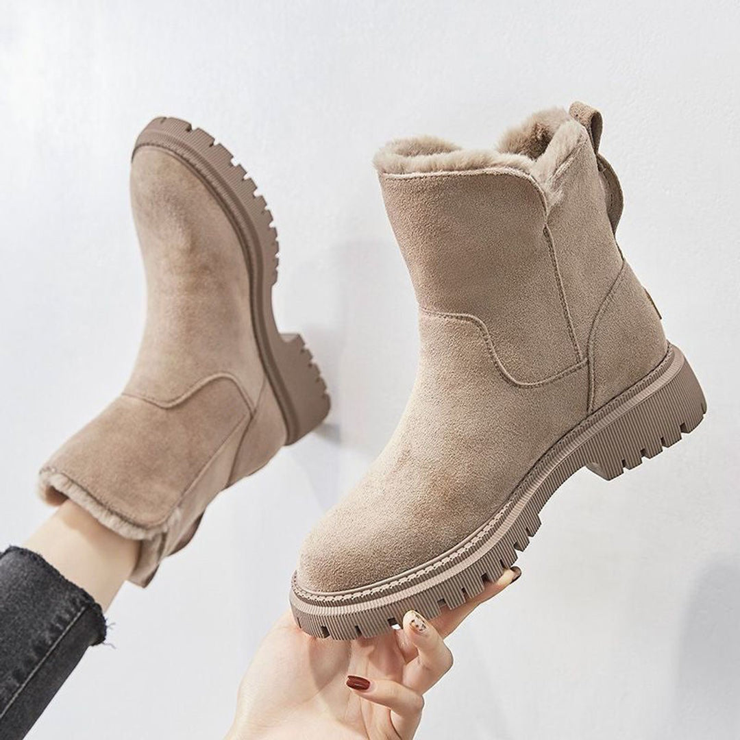 Women's Fleece-Lined Suede Slip-On Ankle Boots - Beige