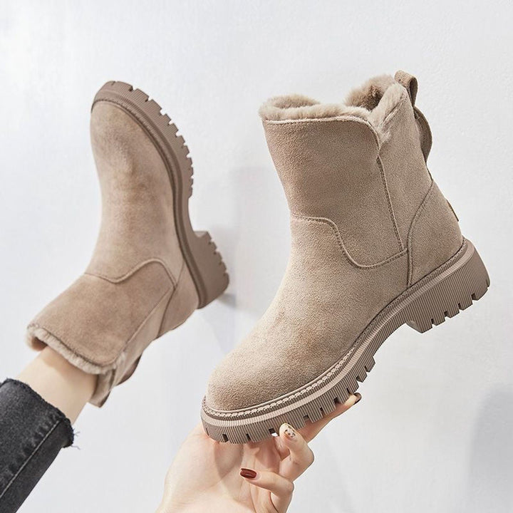 Women's Fleece-Lined Suede Slip-On Ankle Boots - Beige