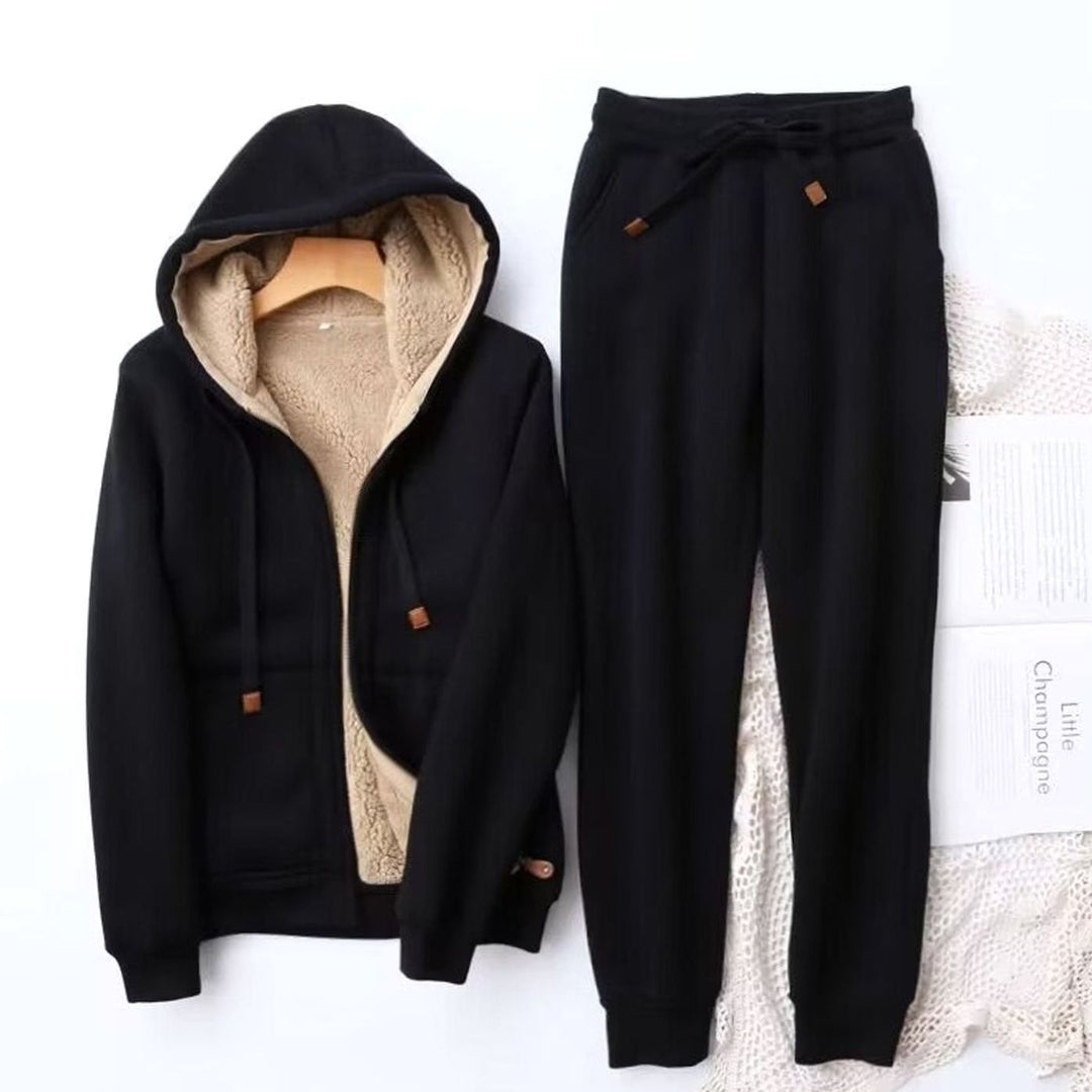 Women's Fleece-Lined Winter Hoodie Jogger Two-Piece Set - Black