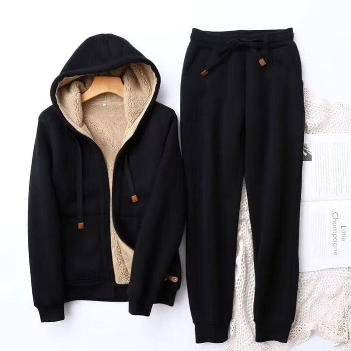 Women's Fleece-Lined Winter Hoodie Jogger Two-Piece Set - Black