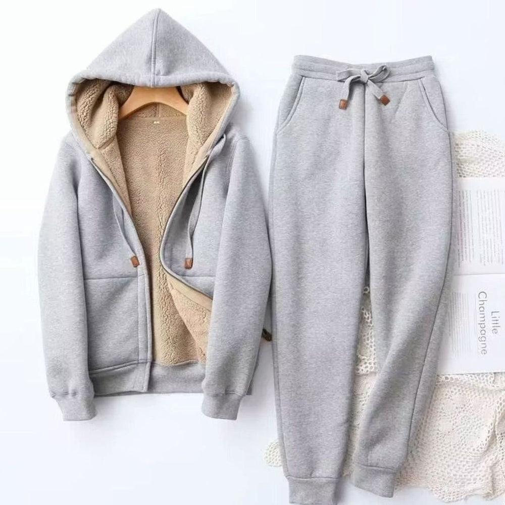 Women's Fleece-Lined Winter Hoodie Jogger Two-Piece Set - Grey