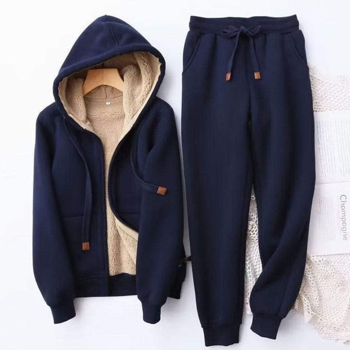 Women's Fleece-Lined Winter Hoodie Jogger Two-Piece Set - Blue