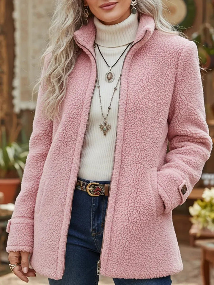 Women's Fleece Zip-Up Teddy Coat Stand Collar - Pink