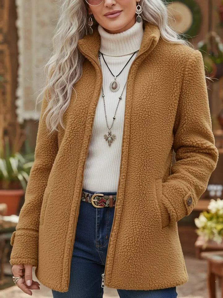 Women's Fleece Zip-Up Teddy Coat Stand Collar - Camel