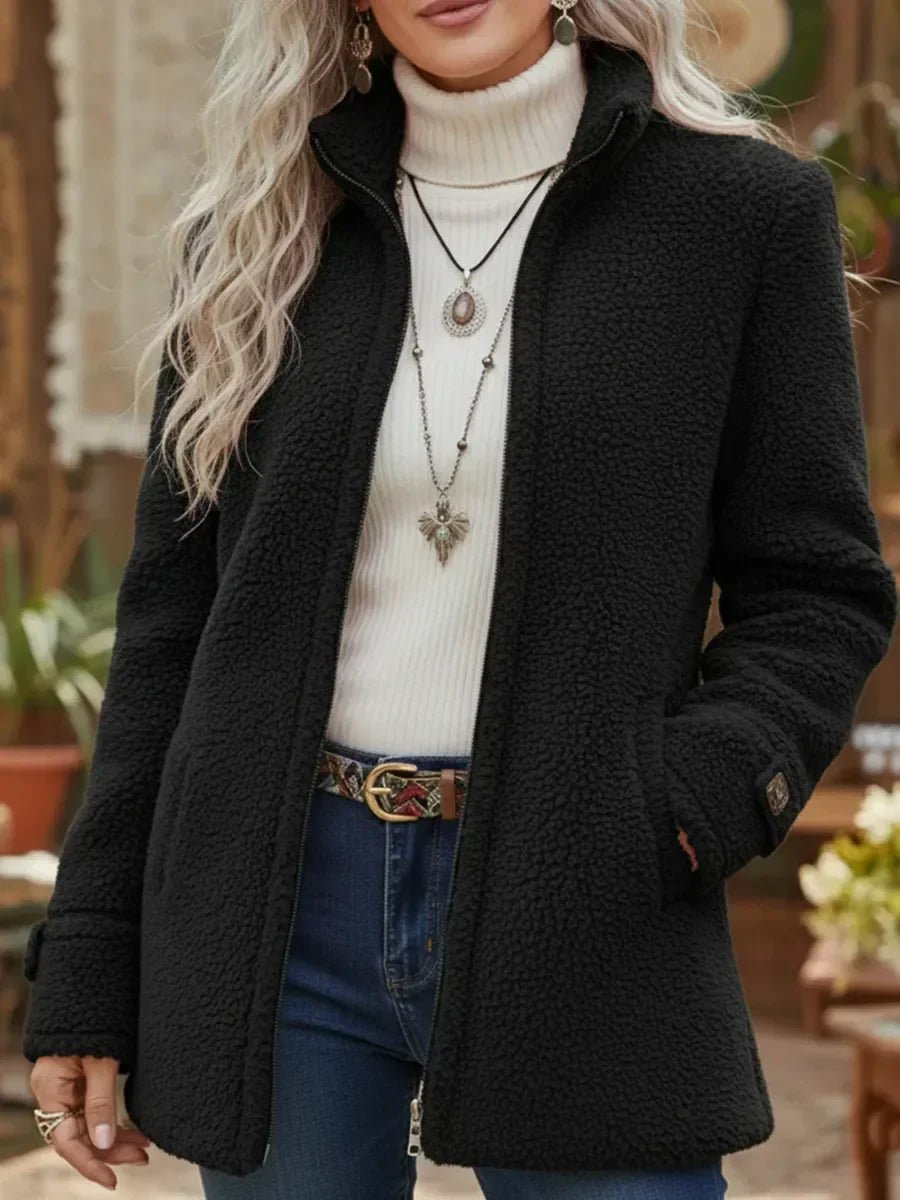 Women's Fleece Zip-Up Teddy Coat Stand Collar - Black