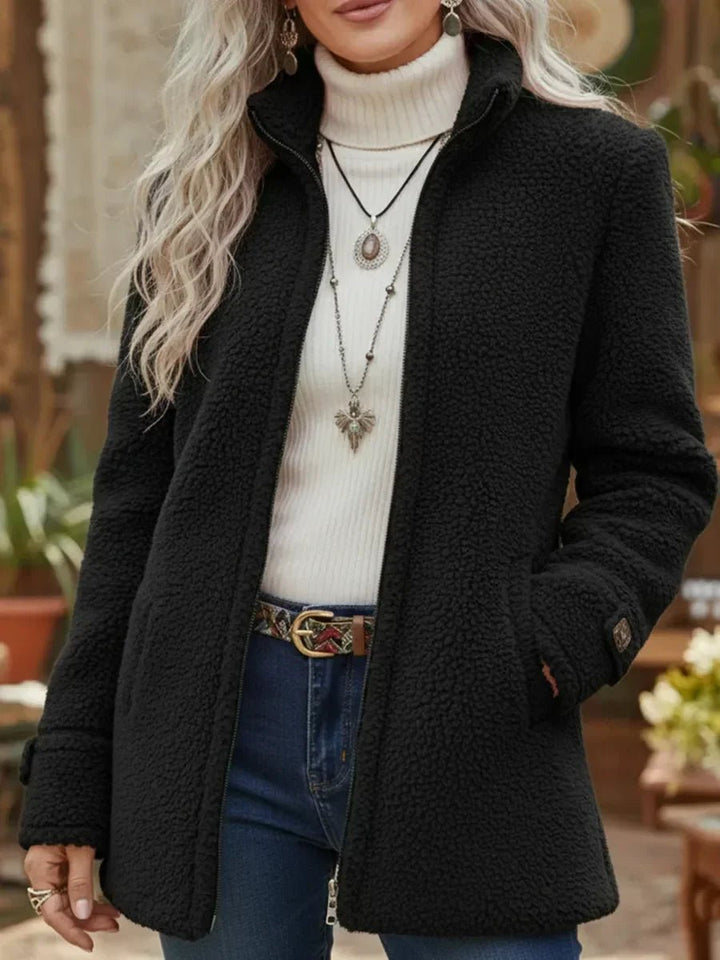 Women's Fleece Zip-Up Teddy Coat Stand Collar - Black