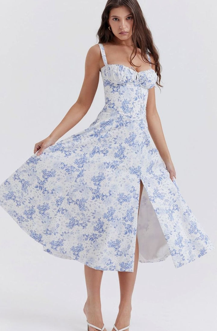 Women's Floral Bustier Midi Sundress Side Slit Flared Skirt - Blue Floral Print