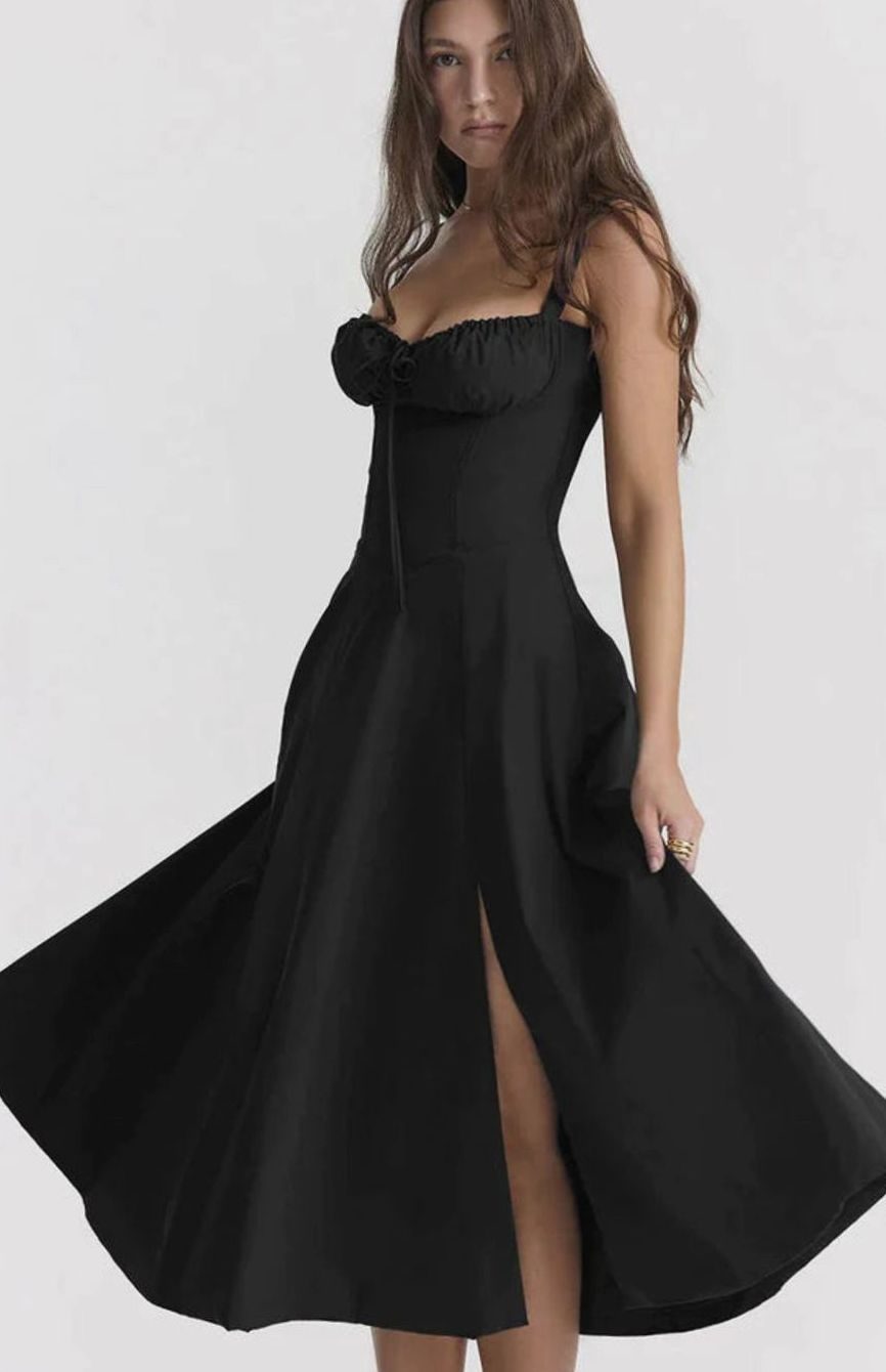 Women's Floral Bustier Midi Sundress Side Slit Flared Skirt