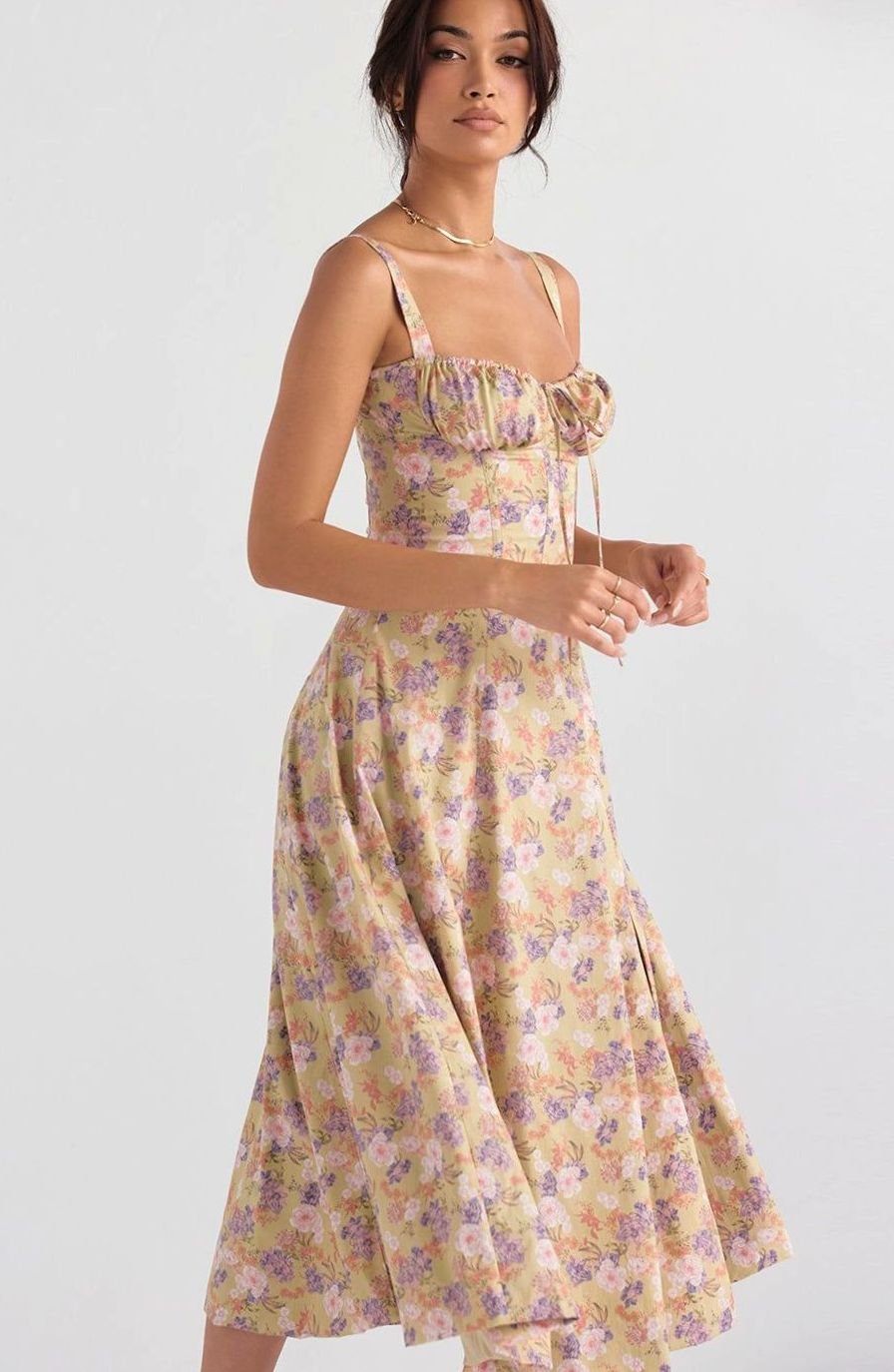 Women's Floral Bustier Midi Sundress Side Slit Flared Skirt