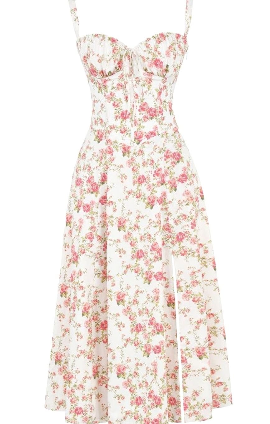 Women's Floral Bustier Midi Sundress Side Slit Flared Skirt