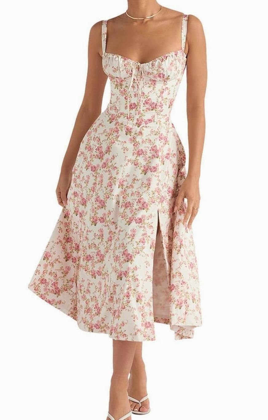 Women's Floral Bustier Midi Sundress Side Slit Flared Skirt