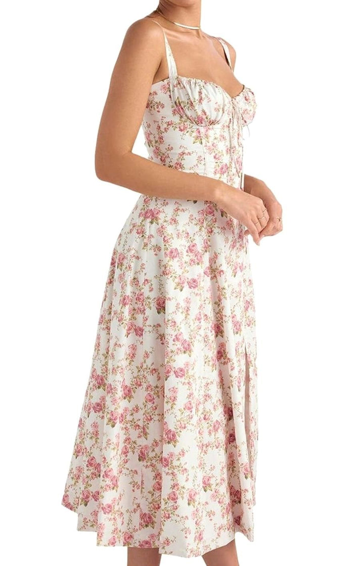 Women's Floral Bustier Midi Sundress Side Slit Flared Skirt
