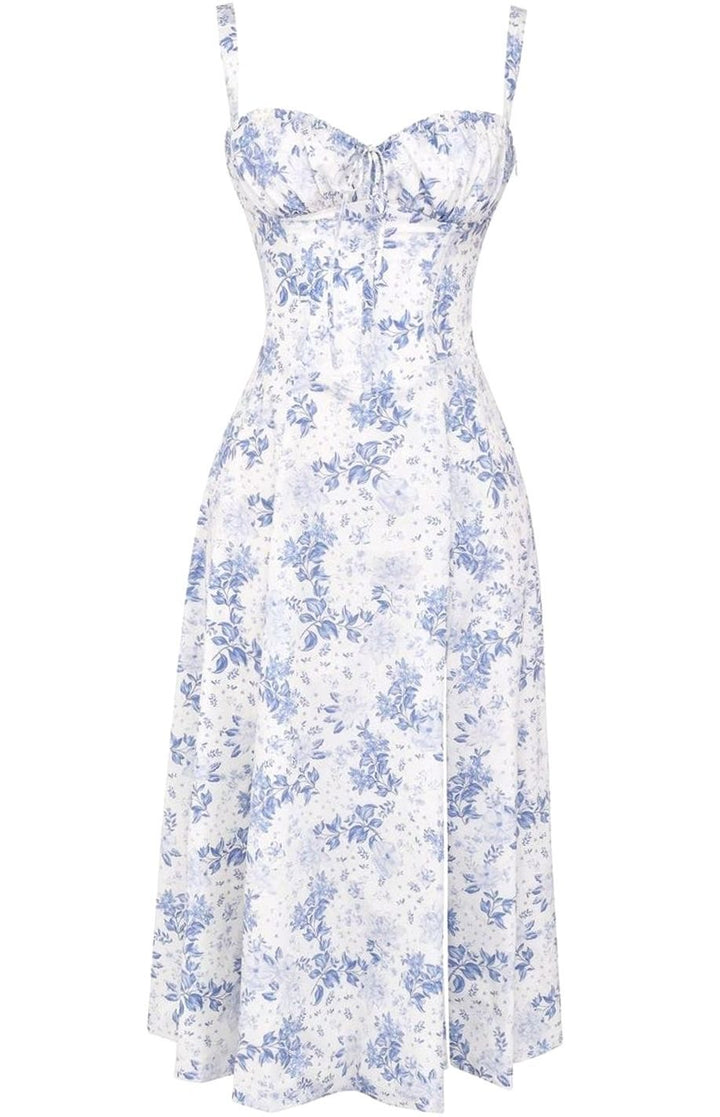 Women's Floral Bustier Midi Sundress Side Slit Flared Skirt
