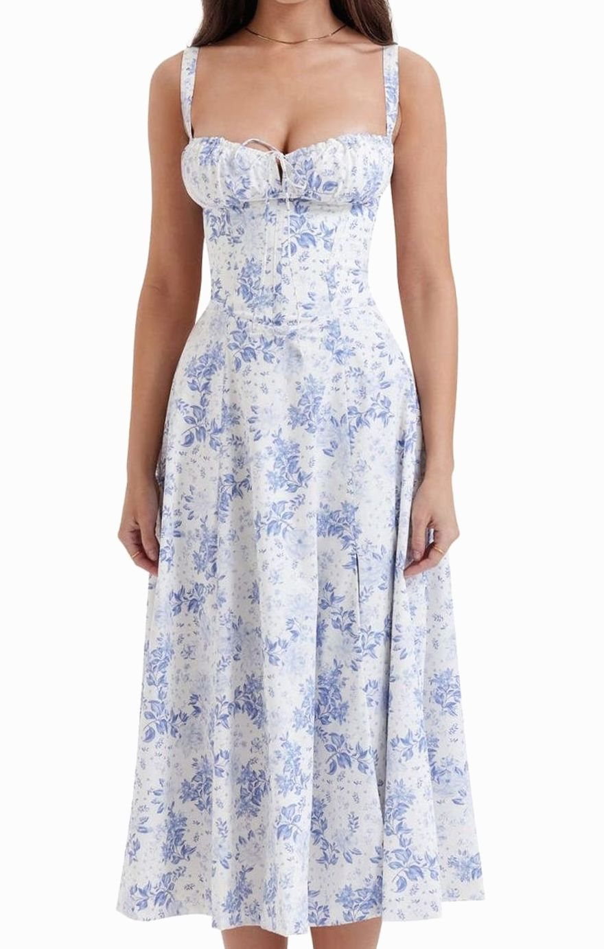 Women's Floral Bustier Midi Sundress Side Slit Flared Skirt