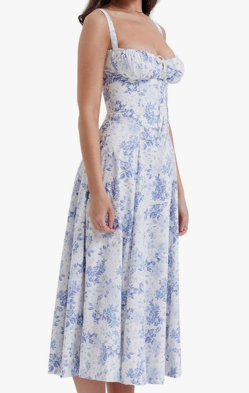 Women's Floral Bustier Midi Sundress Side Slit Flared Skirt