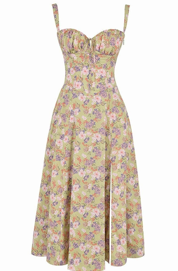 Women's Floral Bustier Midi Sundress Side Slit Flared Skirt