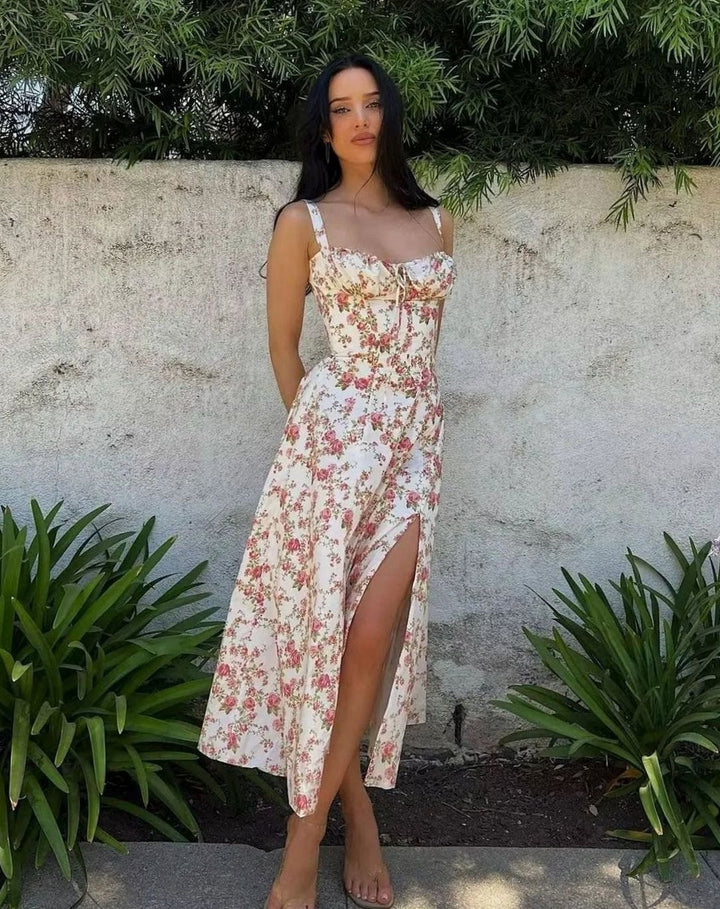 Women's Floral Bustier Midi Sundress Side Slit Flared Skirt - White Floral Print