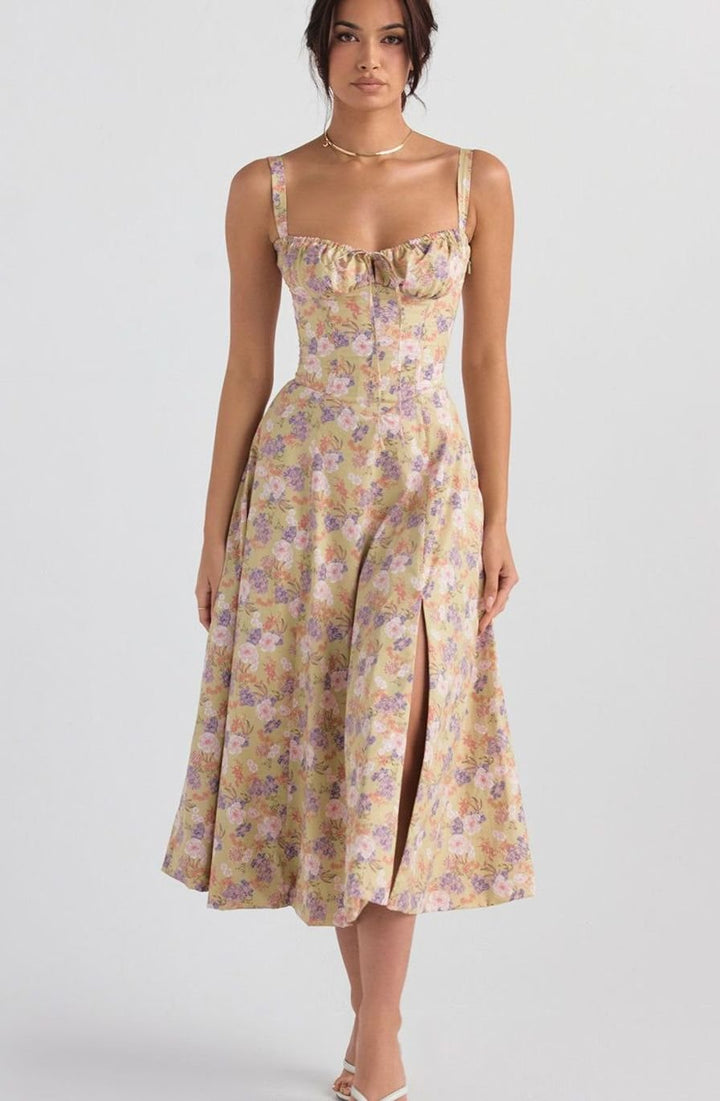 Women's Floral Bustier Midi Sundress Side Slit Flared Skirt
