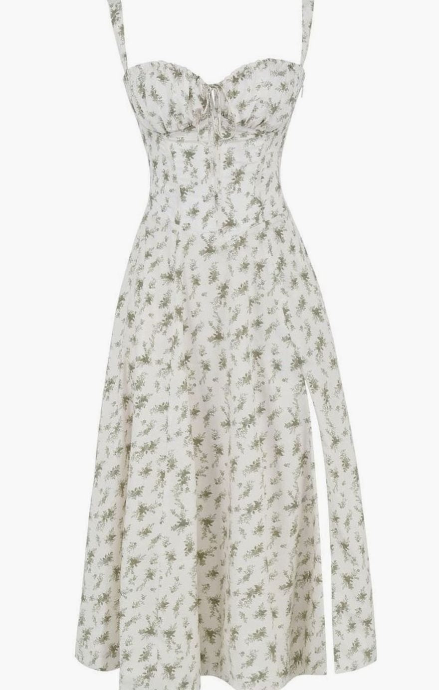 Women's Floral Bustier Midi Sundress Side Slit Flared Skirt
