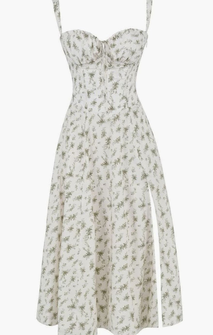 Women's Floral Bustier Midi Sundress Side Slit Flared Skirt