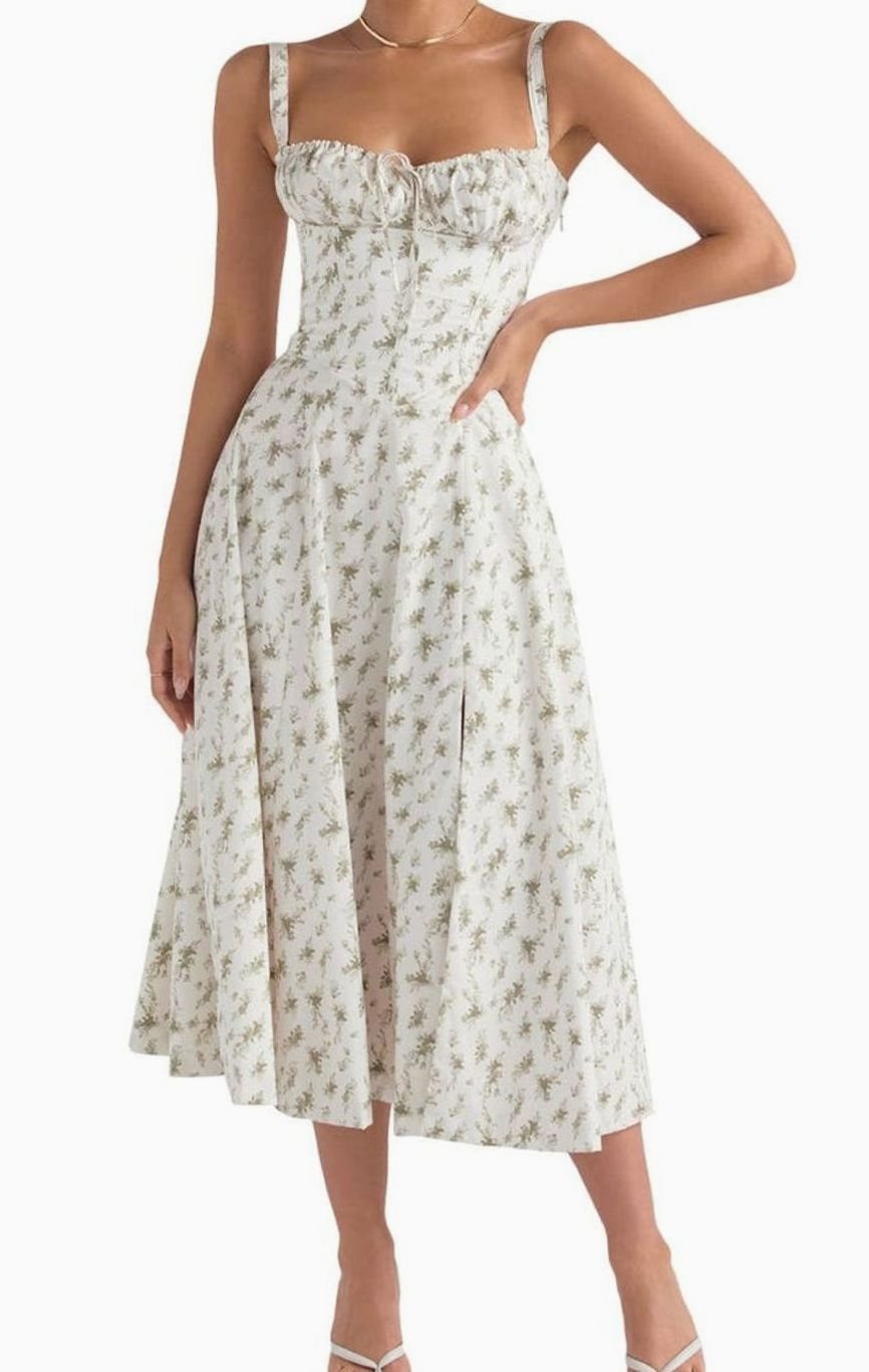 Women's Floral Bustier Midi Sundress Side Slit Flared Skirt