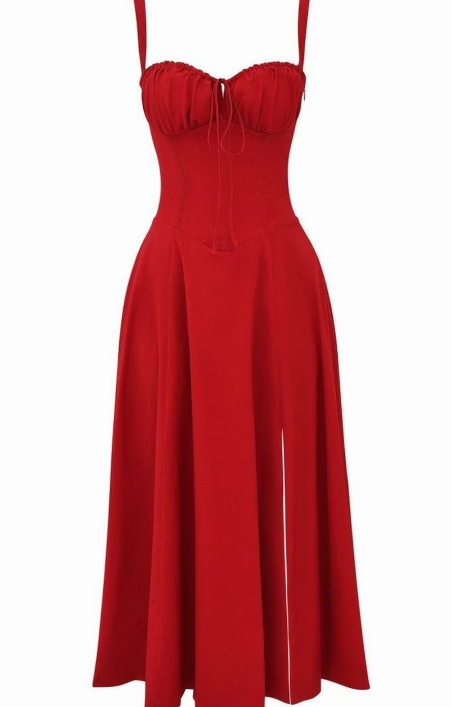 Women's Floral Bustier Midi Sundress Side Slit Flared Skirt