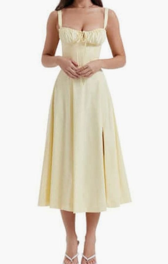 Women's Floral Bustier Midi Sundress Side Slit Flared Skirt