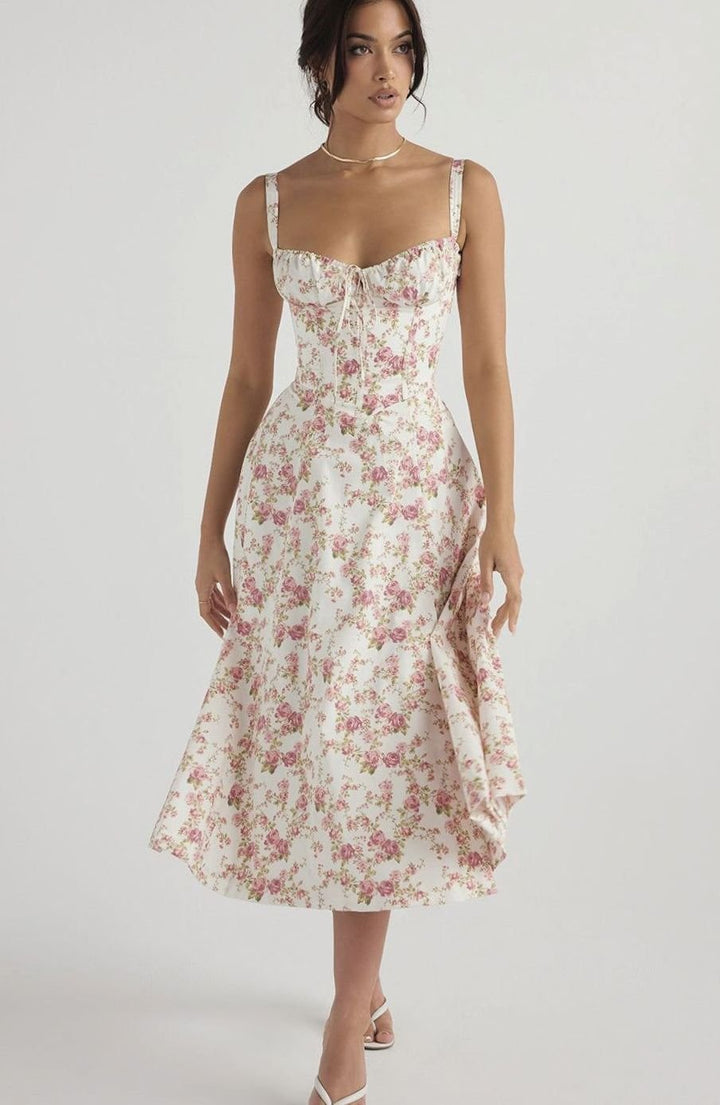 Women's Floral Bustier Midi Sundress Side Slit Flared Skirt