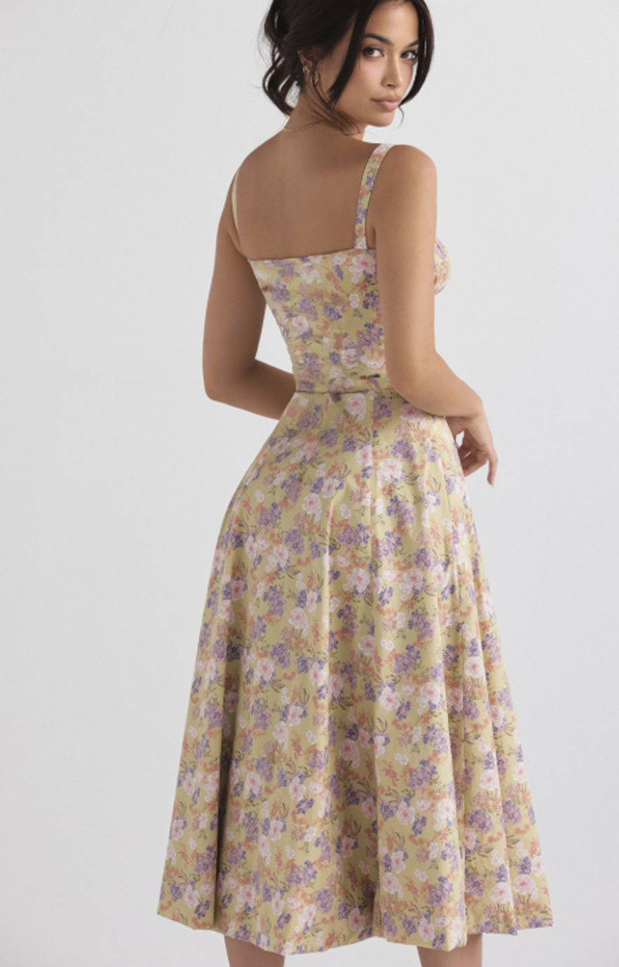 Women's Floral Bustier Midi Sundress Side Slit Flared Skirt