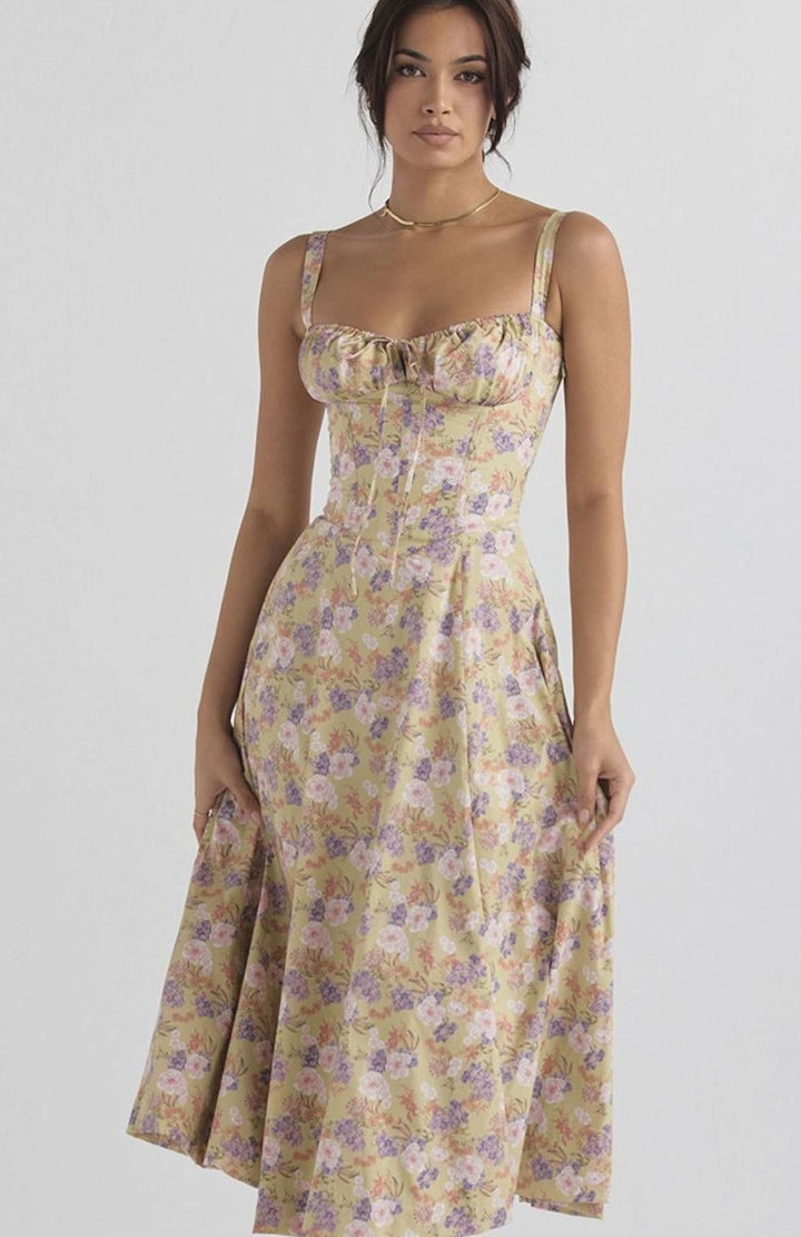 Women's Floral Bustier Midi Sundress Side Slit Flared Skirt - Yellow Floral Print