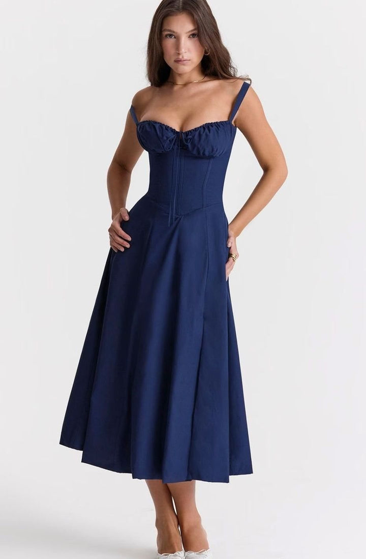 Women's Floral Bustier Midi Sundress Side Slit Flared Skirt - Navy Blue