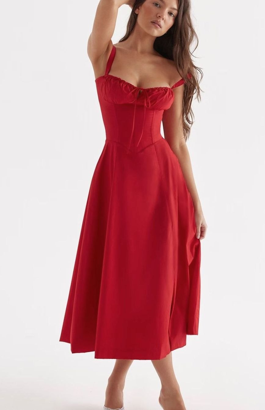 Women's Floral Bustier Midi Sundress Side Slit Flared Skirt - Red
